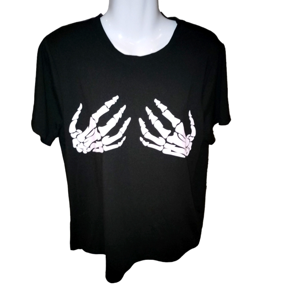 shein black t-shirt medium white graphics of skeleton hands super soft n…
